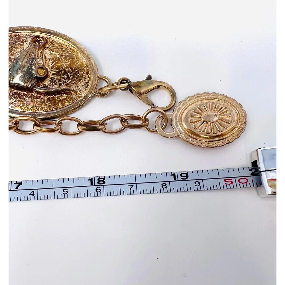 Vintage Western Longhorn Steer Skull Concho Chain Belt Gold Iridescent Patina